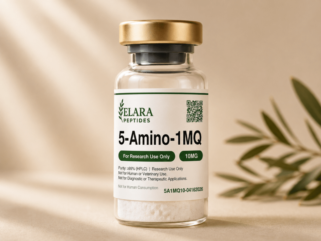 5-Amino-1MQ 10mg NNMT inhibitor research compound vial with Elara label, 99%+ HPLC purity