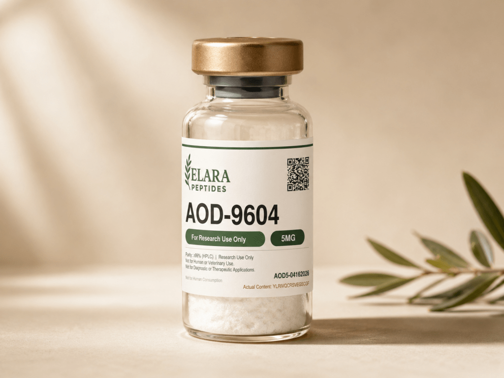 AOD-9604 5mg hGH fragment research peptide vial with Elara label, 99%+ HPLC purity