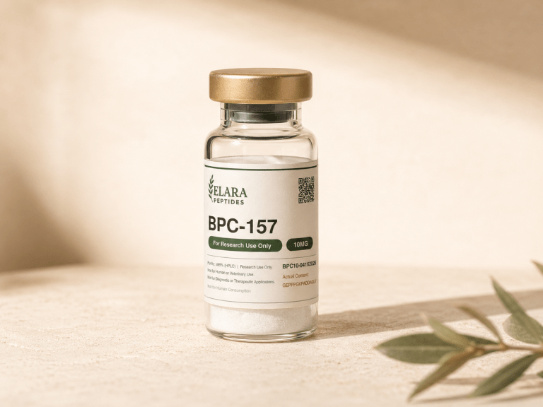 BPC-157 10mg research peptide vial with Elara label, 99%+ HPLC purity