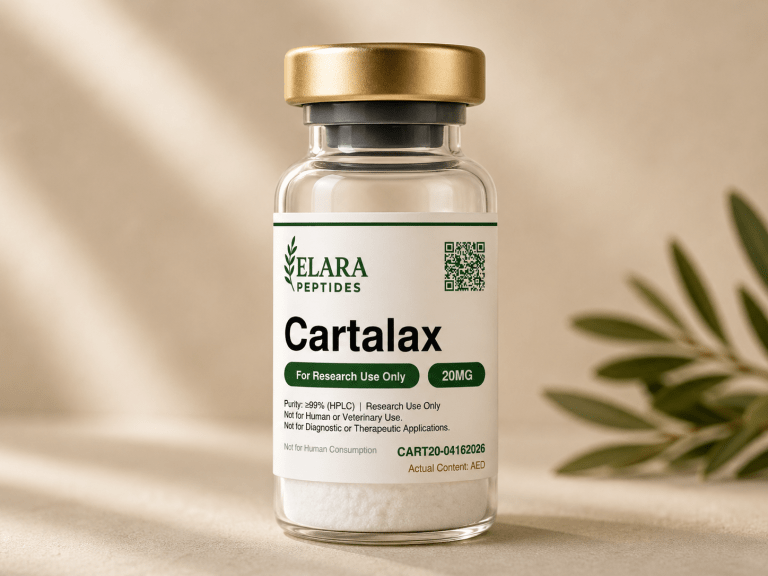 Cartalax AED tripeptide 20mg research vial with Elara label, 99%+ HPLC purity