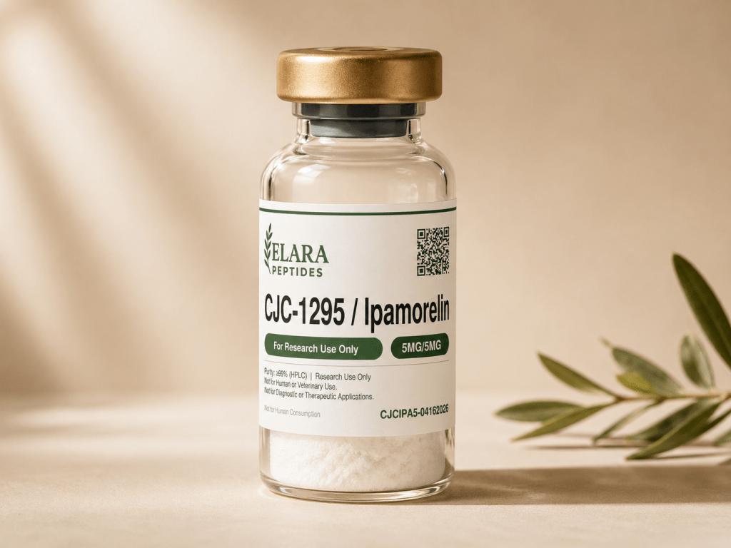 CJC-1295 Ipamorelin 5mg/5mg research peptide vial with Elara label, 99%+ HPLC purity