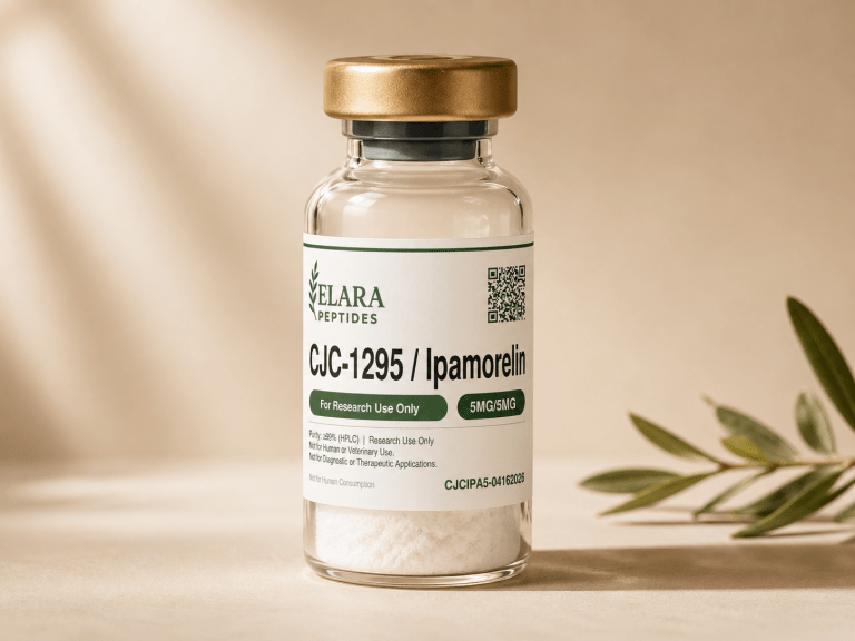 CJC-1295 Ipamorelin 5mg/5mg research peptide vial with Elara label, 99%+ HPLC purity
