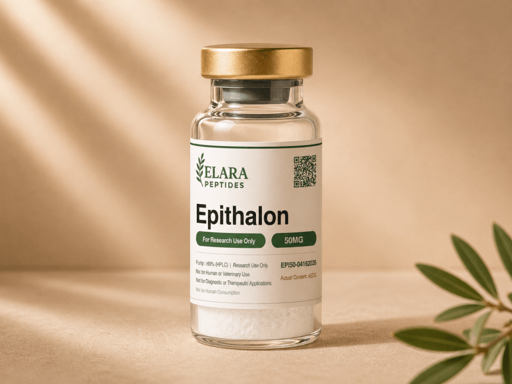 Epithalon AEDG tetrapeptide 50mg research vial with Elara label, 99%+ HPLC purity