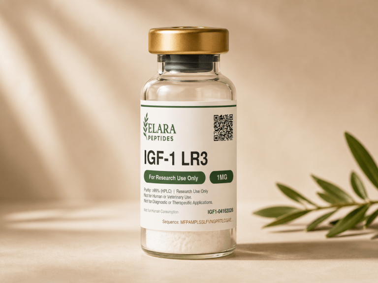 IGF-1 LR3 1mg research peptide vial with Elara label, 99%+ HPLC purity