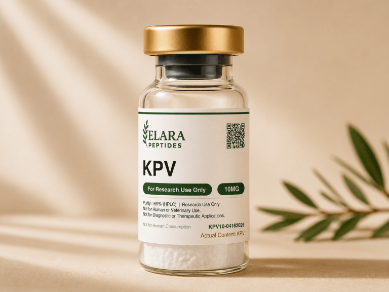 KPV 10mg anti-inflammatory tripeptide research vial with Elara label, 99%+ HPLC purity