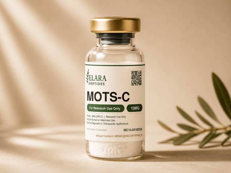 MOTS-c 10mg mitochondrial peptide research vial with Elara label, 99%+ HPLC purity