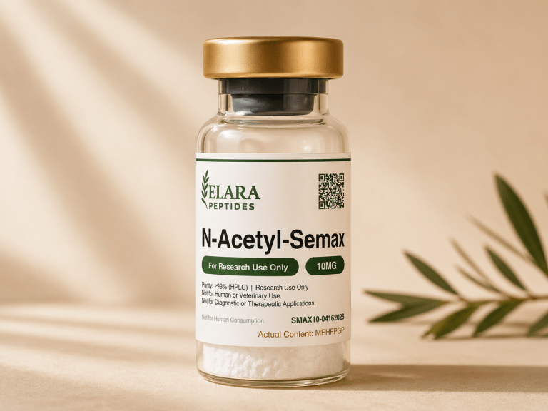 N-Acetyl-Semax 10mg nootropic research peptide vial with Elara label, 99%+ HPLC purity