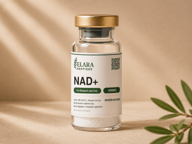 NAD+ 500mg research compound vial with Elara label, 99%+ HPLC purity