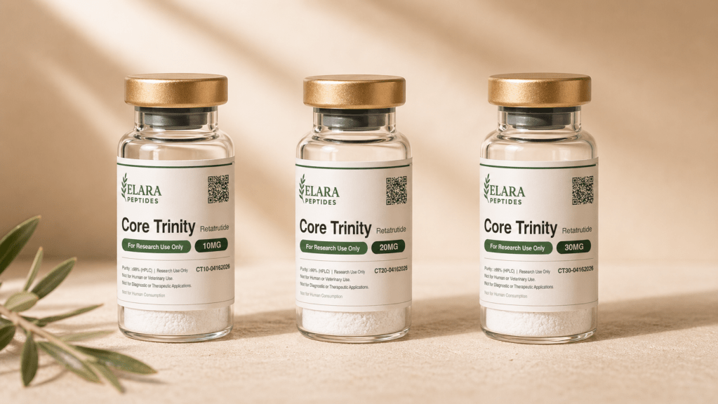 Retatrutide 10mg research peptide vial with Elara label, 99%+ HPLC purity