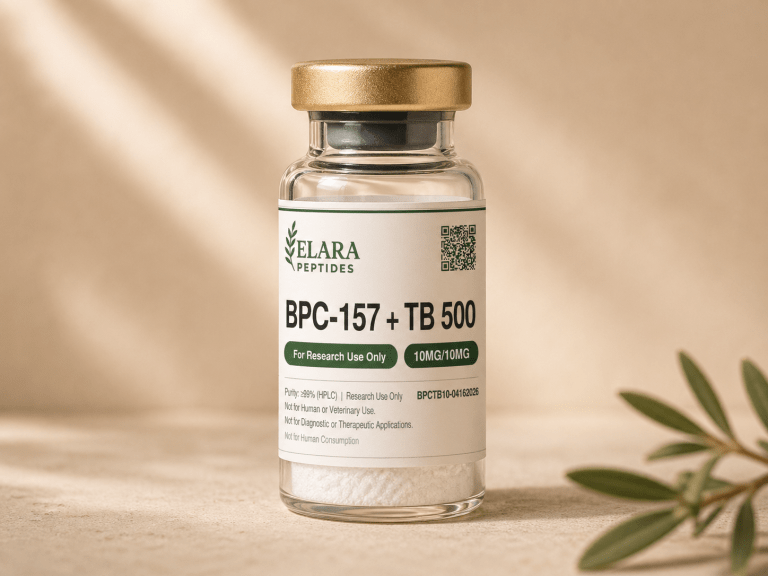 Wolverine Blend BPC-157 + TB-500 research peptide vial with Elara label, 99%+ HPLC purity